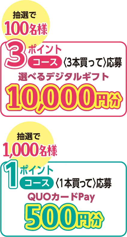100名様Aコース選べるデジタルギフト5,000円分、1,000名様BコースQUOカードPay1,000円分