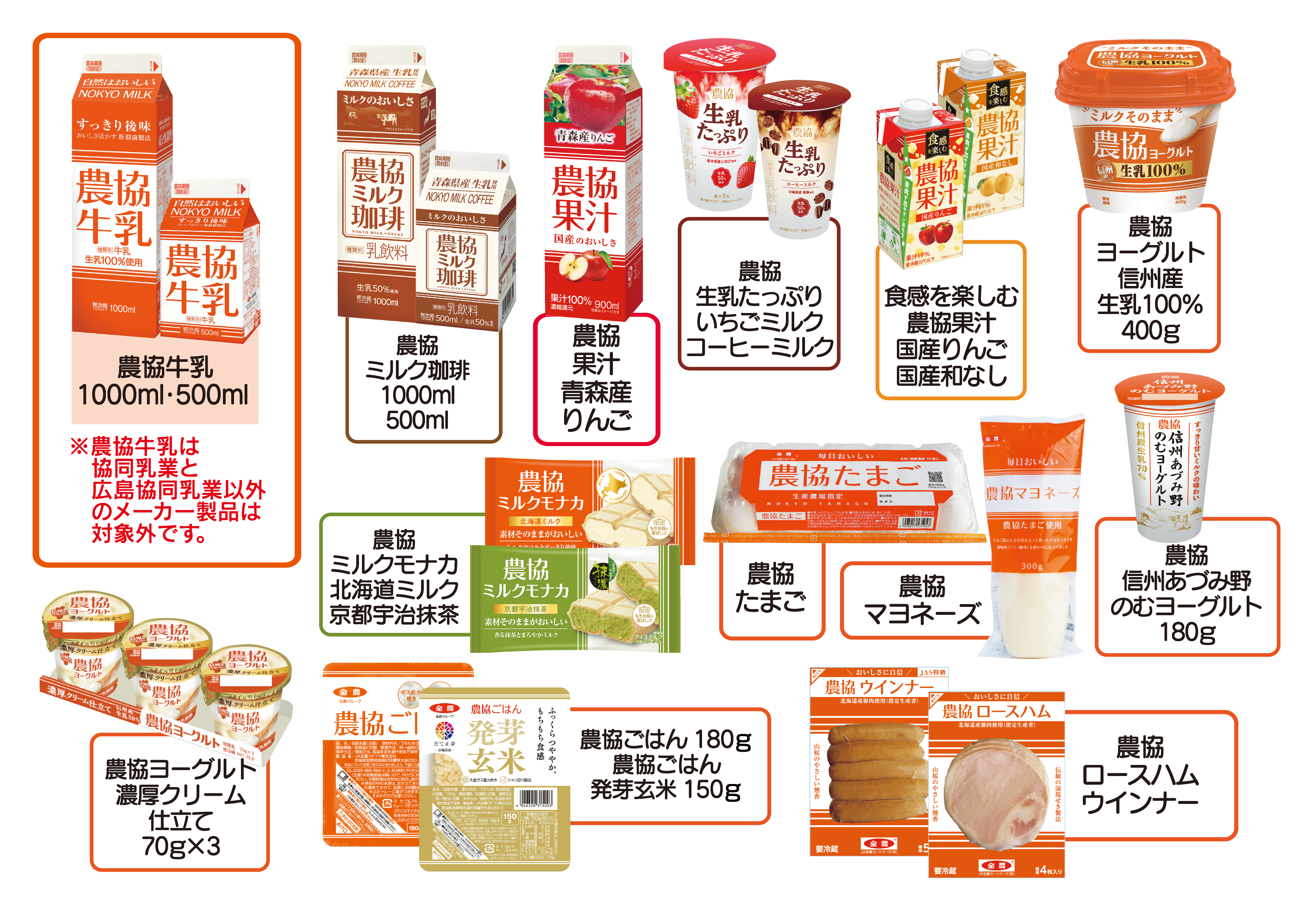 農協牛乳 1000ml・500ml　※農協牛乳は協同乳業・広島乳業の牛乳以外のメーカー製品は対象外です。 | 農協ミルクコーヒー 1000ml 500ml | 農協果汁 青森産りんご | 農協 生乳たっぷりいちごミルク コーヒーミルク | 農協 食感を楽しむ農協果汁 国産りんご 国産なし | 農協コーグルト 信州産生乳100% 400g | 農協ミルクモカ 北海道ミルク京都宇治抹茶 | 農協ミルクモカ | 農協たまご | 農協マヨネーズ | 農協 信州あづみ野のむヨーグルト 180g | 農協コーグルト 濃厚クリーム仕立て 70g×3 | 農協ごはん 180g | 農協ごはん発芽玄米 150g | 農協ロースハム ウインナー