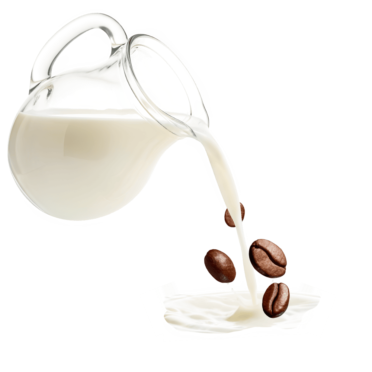ミルクのしぶきの中に複数のコーヒー豆が浮かんでいるイメージ