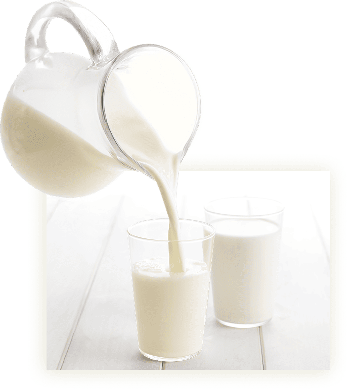 ガラスのピッチャーからグラスに牛乳を注いでいる様子